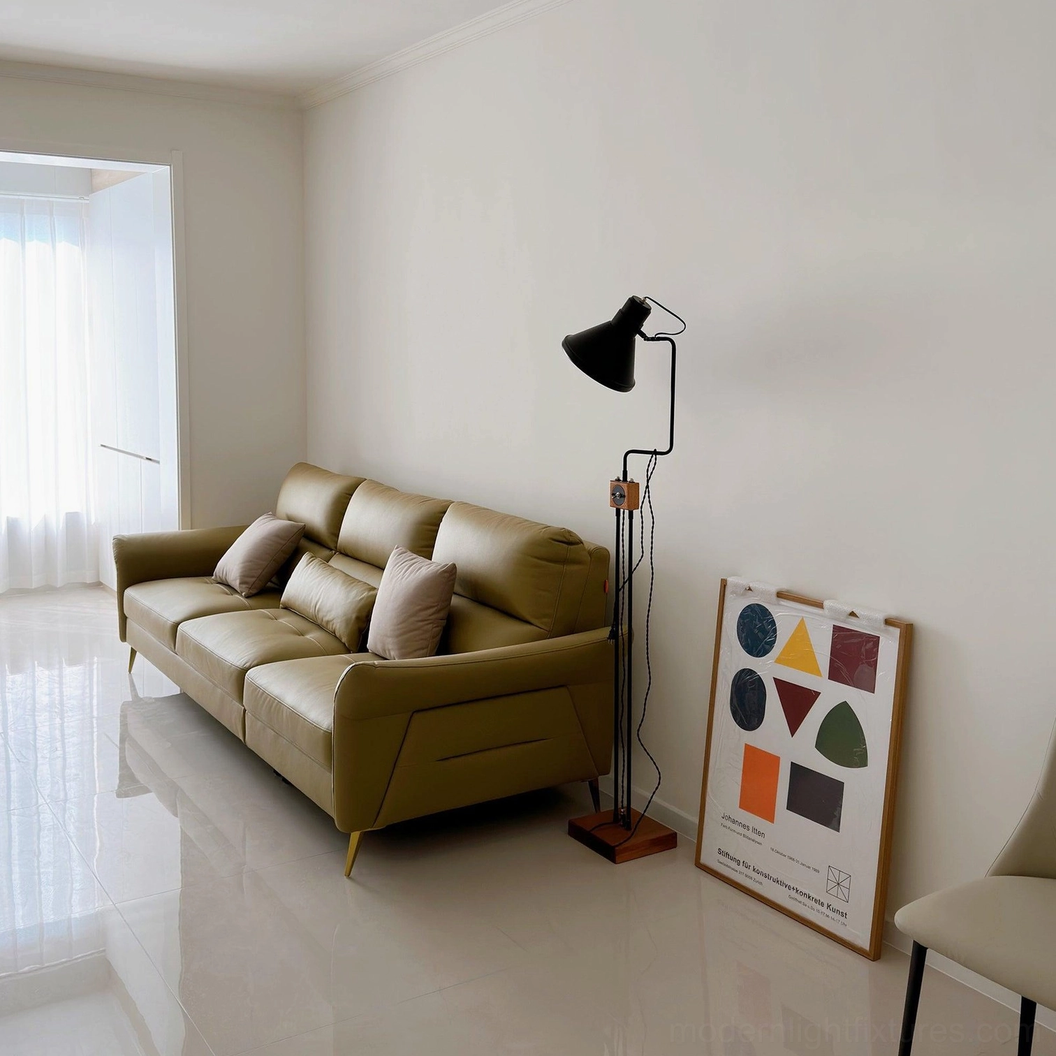 Minimalist floor lamp living room yellow sofa wooden base black pole