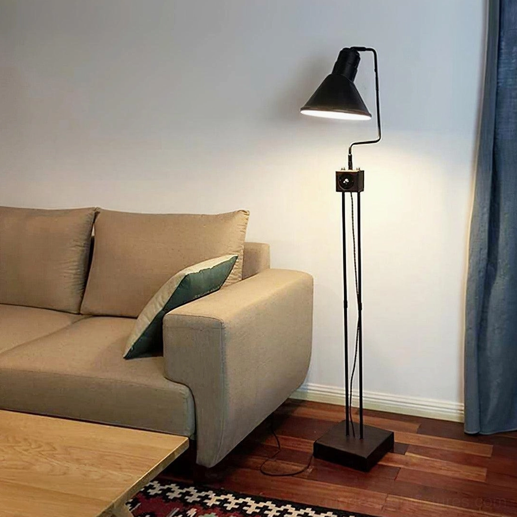 Vintage retro floor lamp side view modern living room beige sofa black metal finish