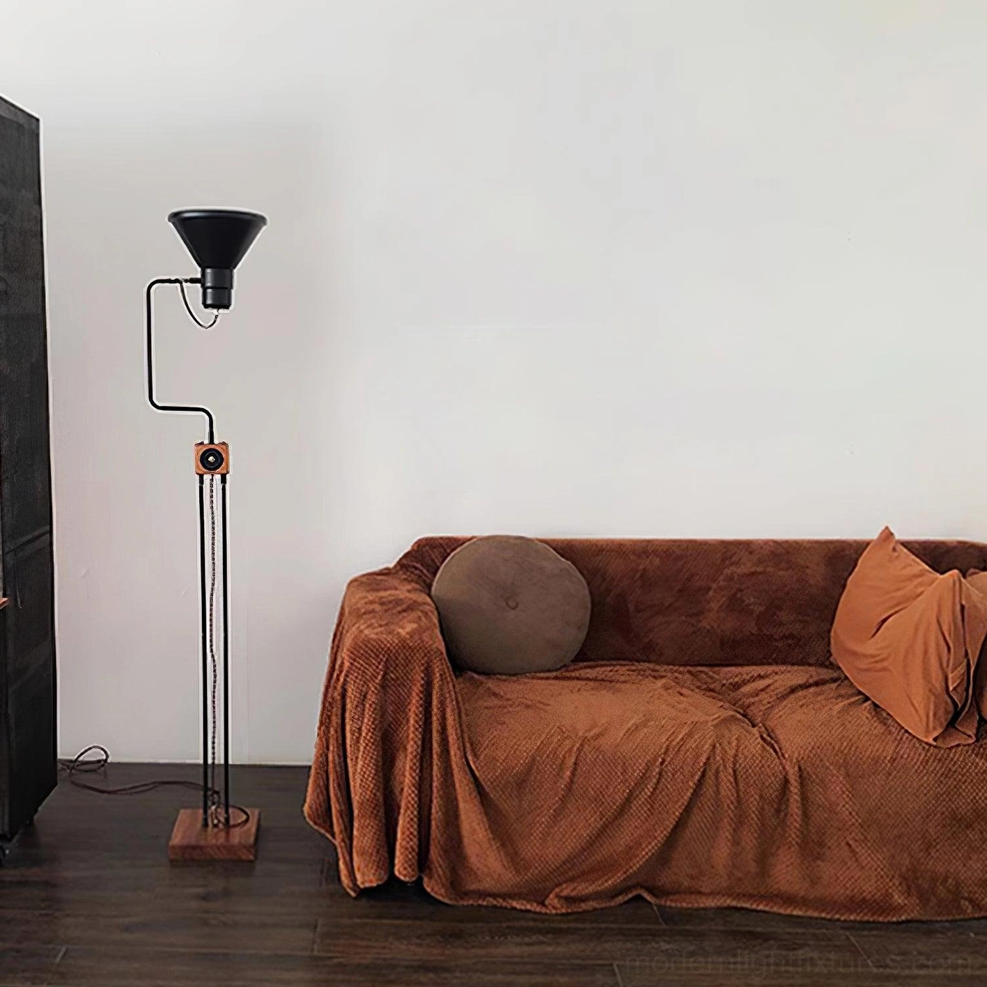 Retro floor lamp wooden base detail craftsmanship walnut finish