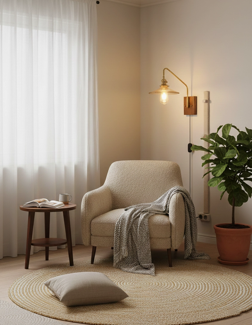 Retro brass and walnut wall sconce styled in contemporary bedroom next to bedside for reading light
