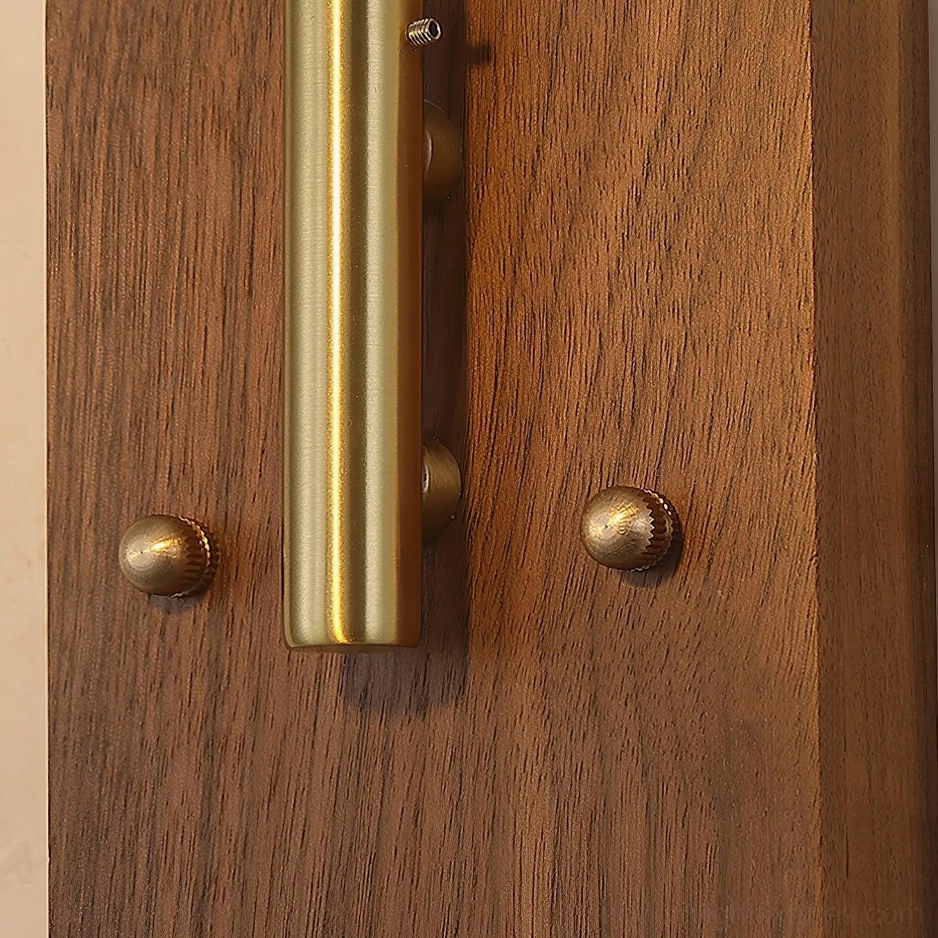Full product display of retro brass and walnut plug-in wall sconce showing complete assembly and components