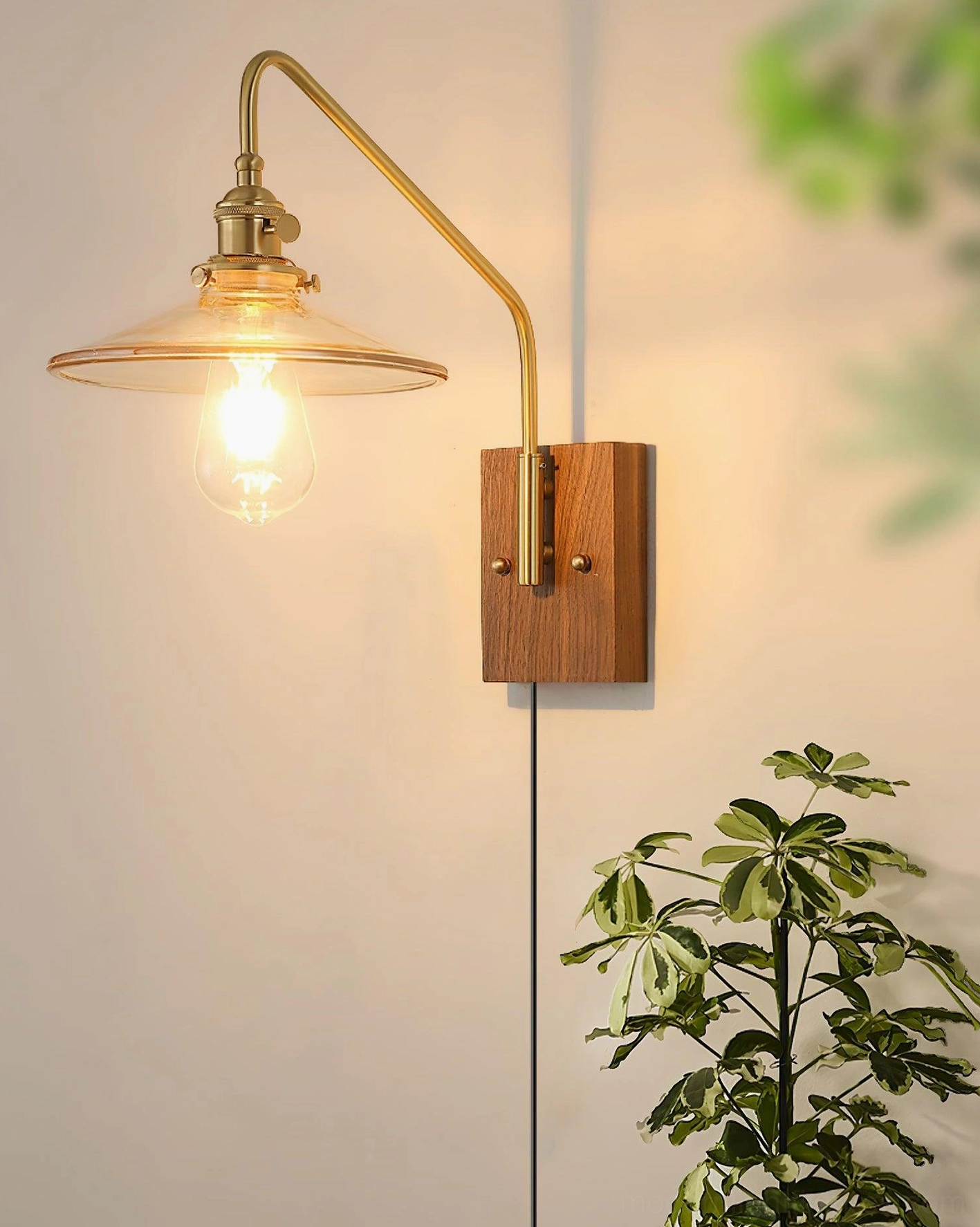 Retro brass and walnut wall sconce with EU plug option for European markets and installations