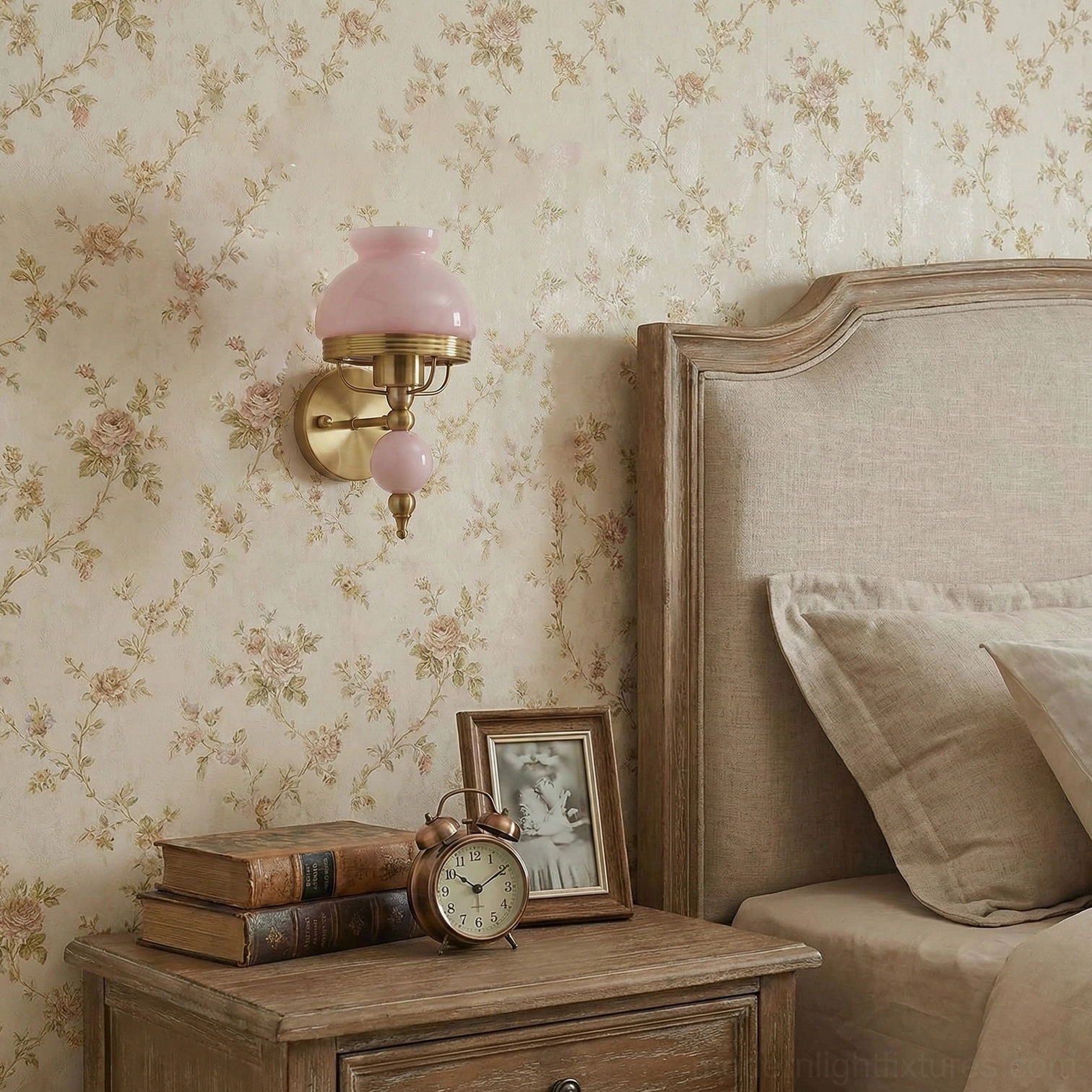 Retro vintage wall sconce with frosted floral glass shade and brass hardware detail