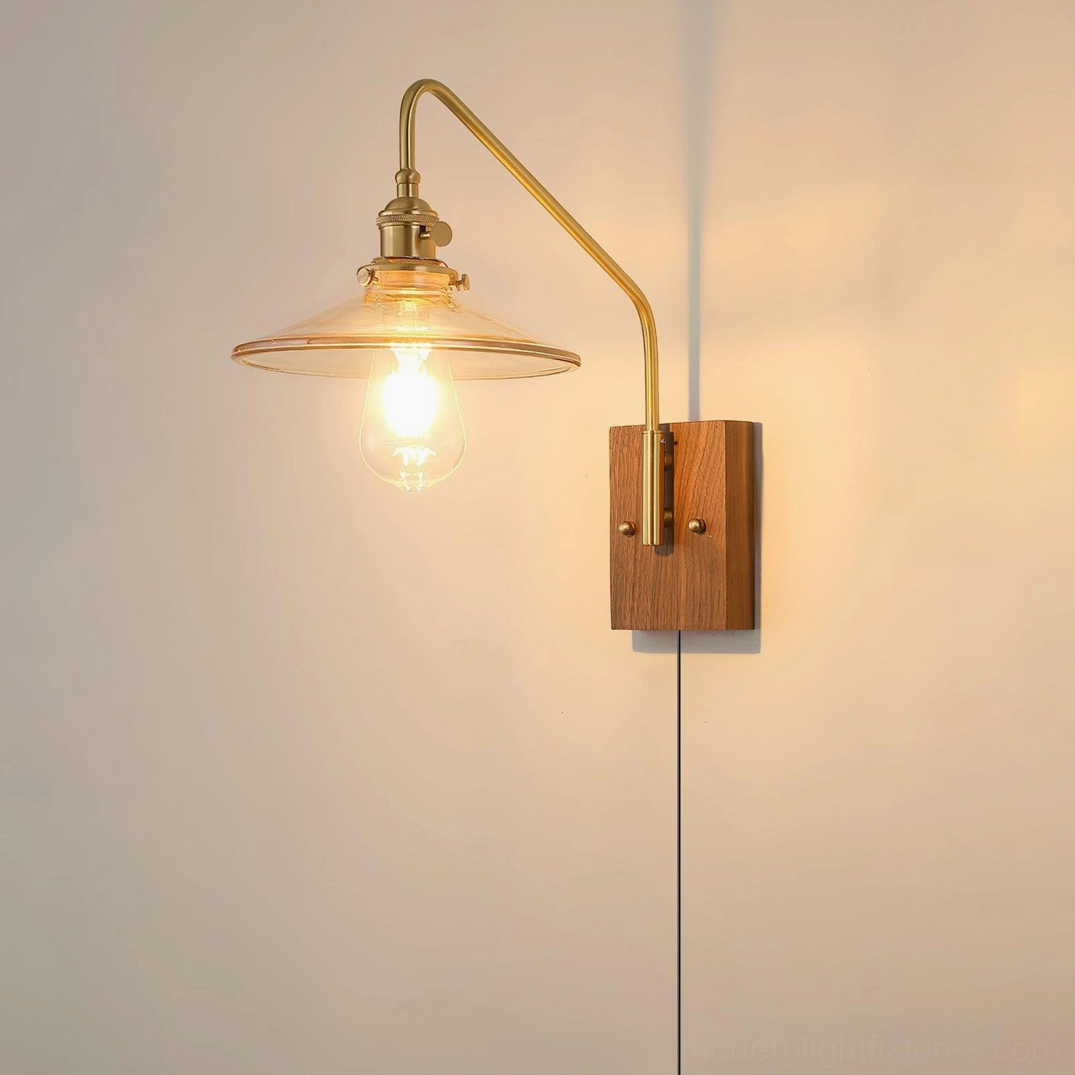Retro wall sconce model A variant with 8.2 inch width displaying walnut base and brass arm
