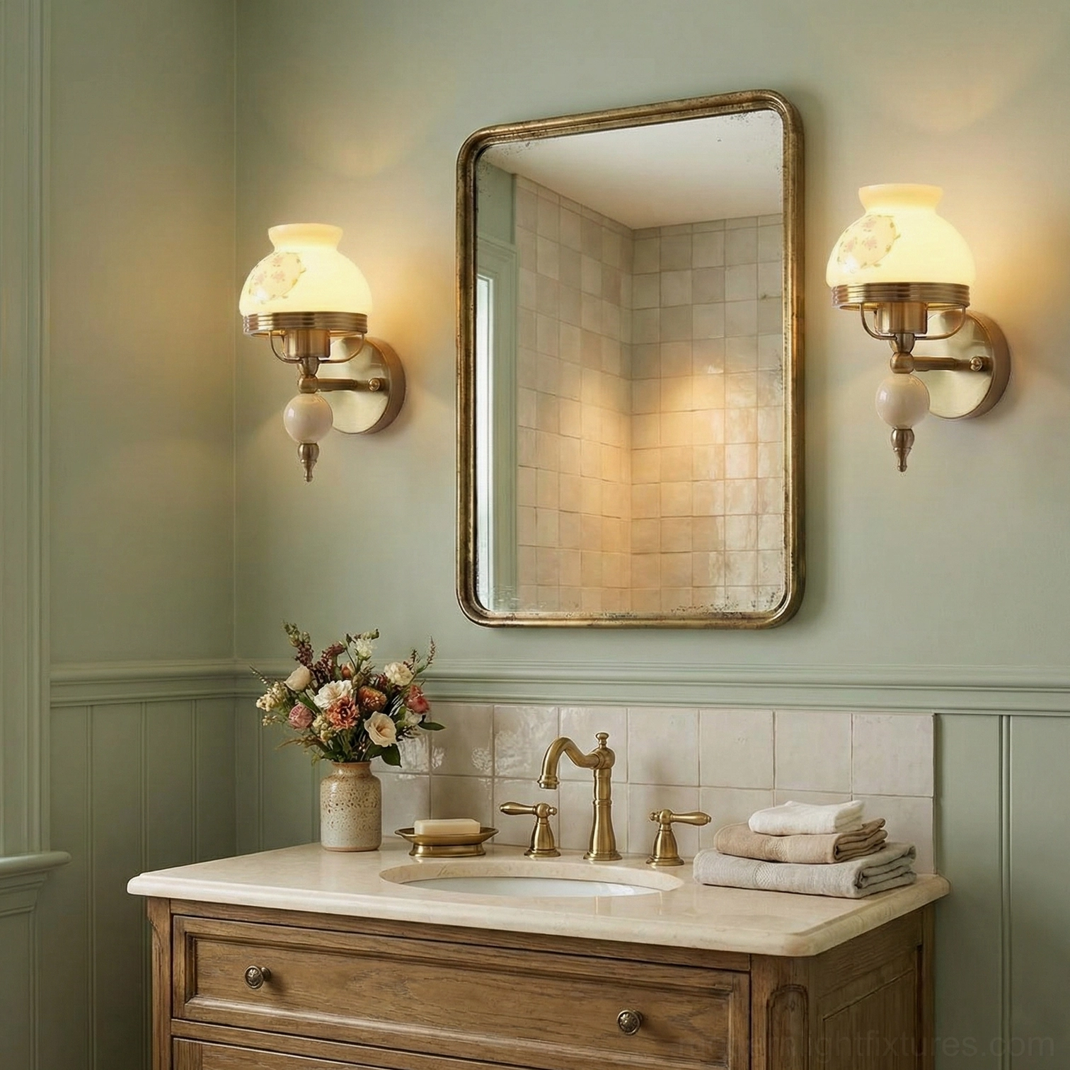 Pair of cream frosted glass wall lamps in sage green vintage bathroom, warm glowing brass fixtures