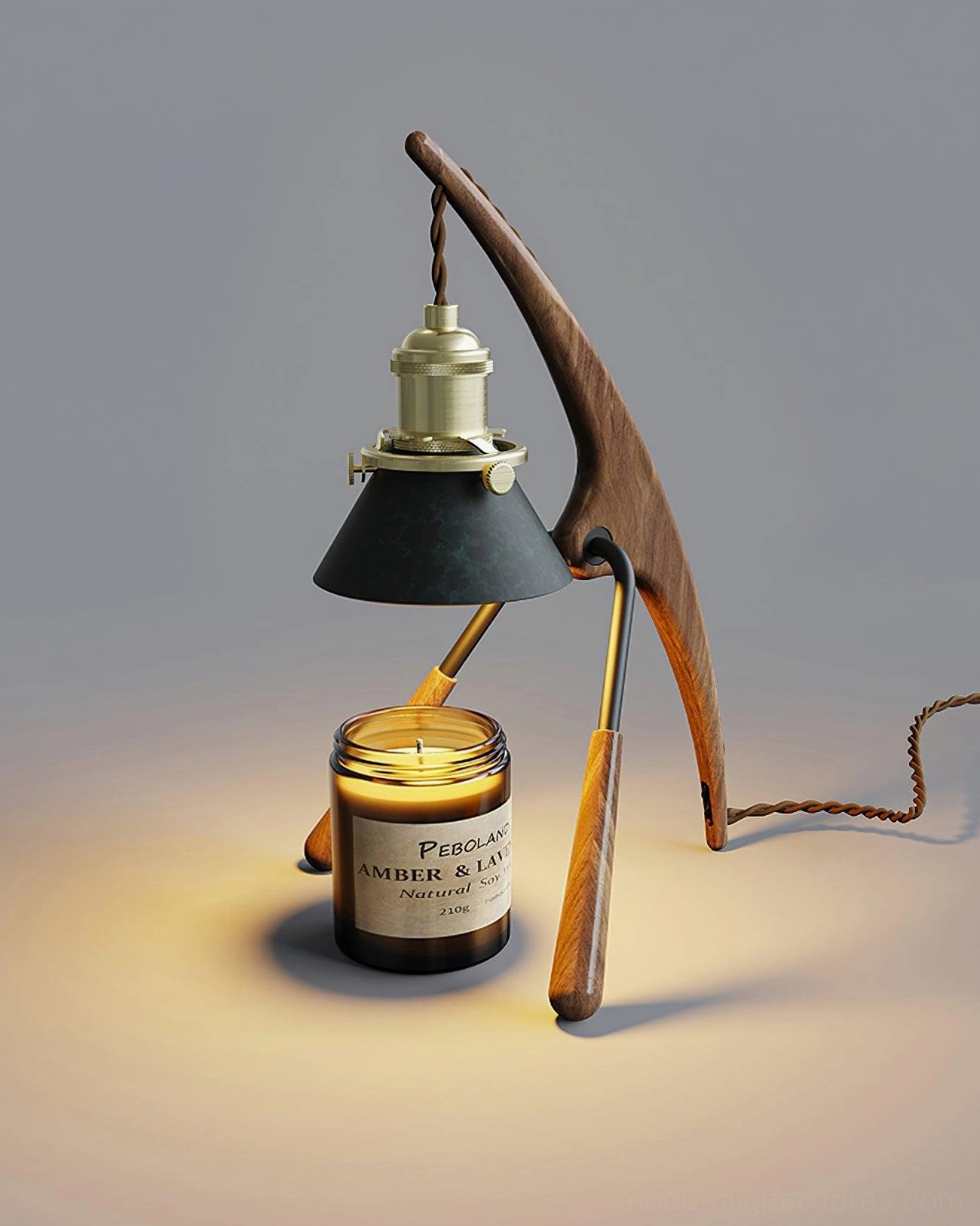 Retro wax warmer lamp mantis form, black walnut wood, ambient evening lighting for bedroom