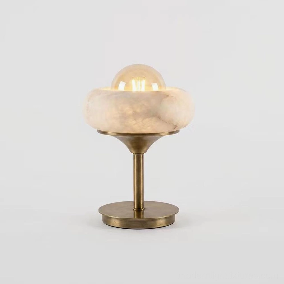 Retrovia alabaster table lamp with multiple plug options (US, UK, EU, AU) in neutral studio setting, showing full lamp dimensions and complete fixture
