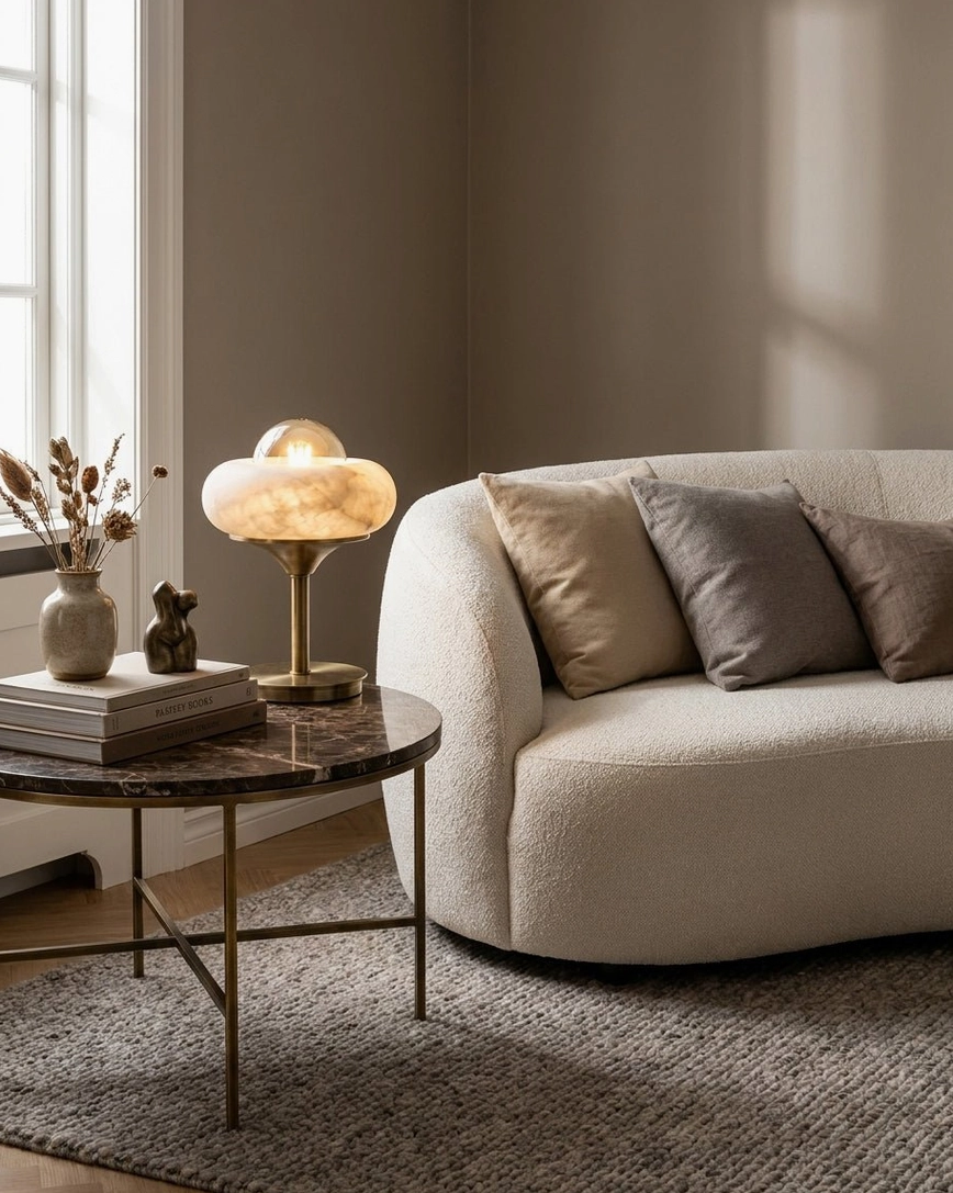 Retrovia alabaster table lamp displayed on wooden home cabinet with warm neutral styling, brass base and natural stone bowl in minimalist interior