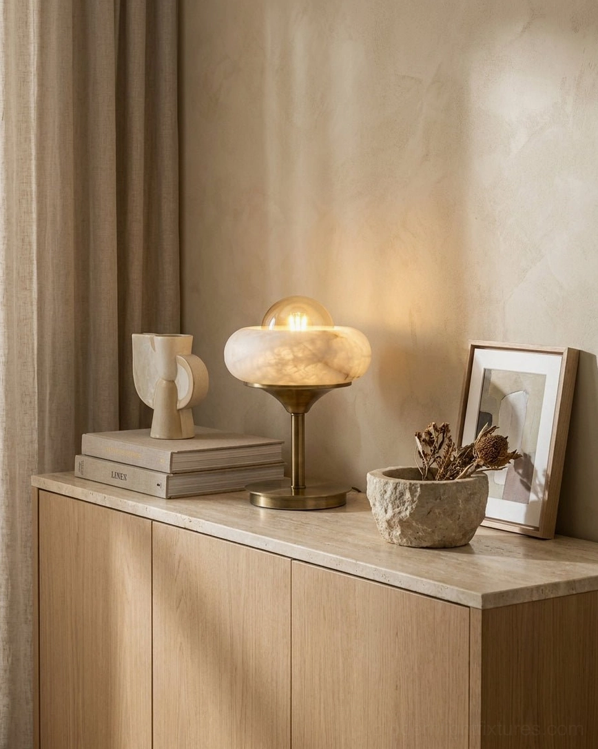 Retrovia alabaster table lamp in entryway console table setting, minimalist warm decor with natural textures, compact accent lighting for hallway