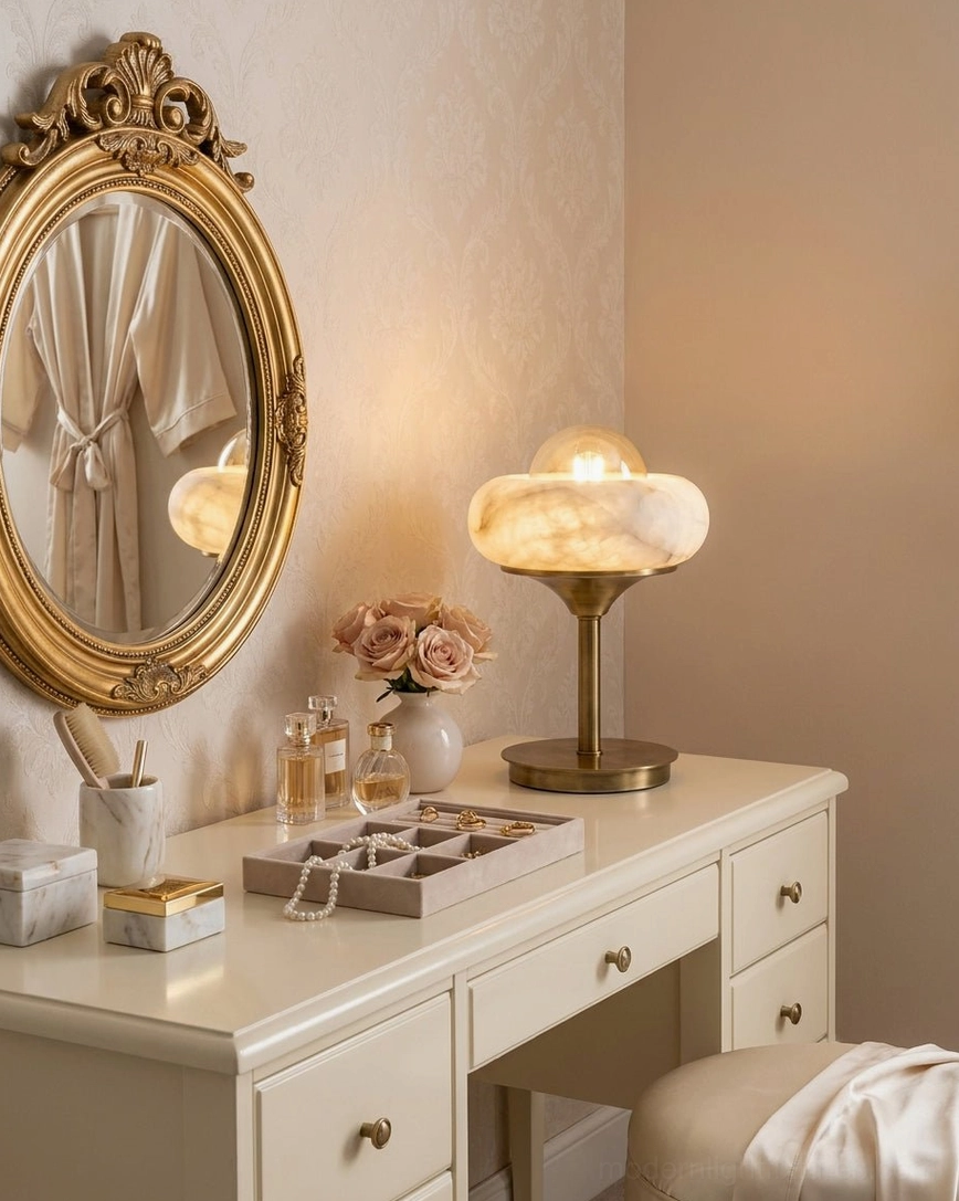 Retrovia alabaster table lamp studio shot showing glass globe bulb illuminated inside natural stone bowl, warm light glow effect and full lamp silhouette