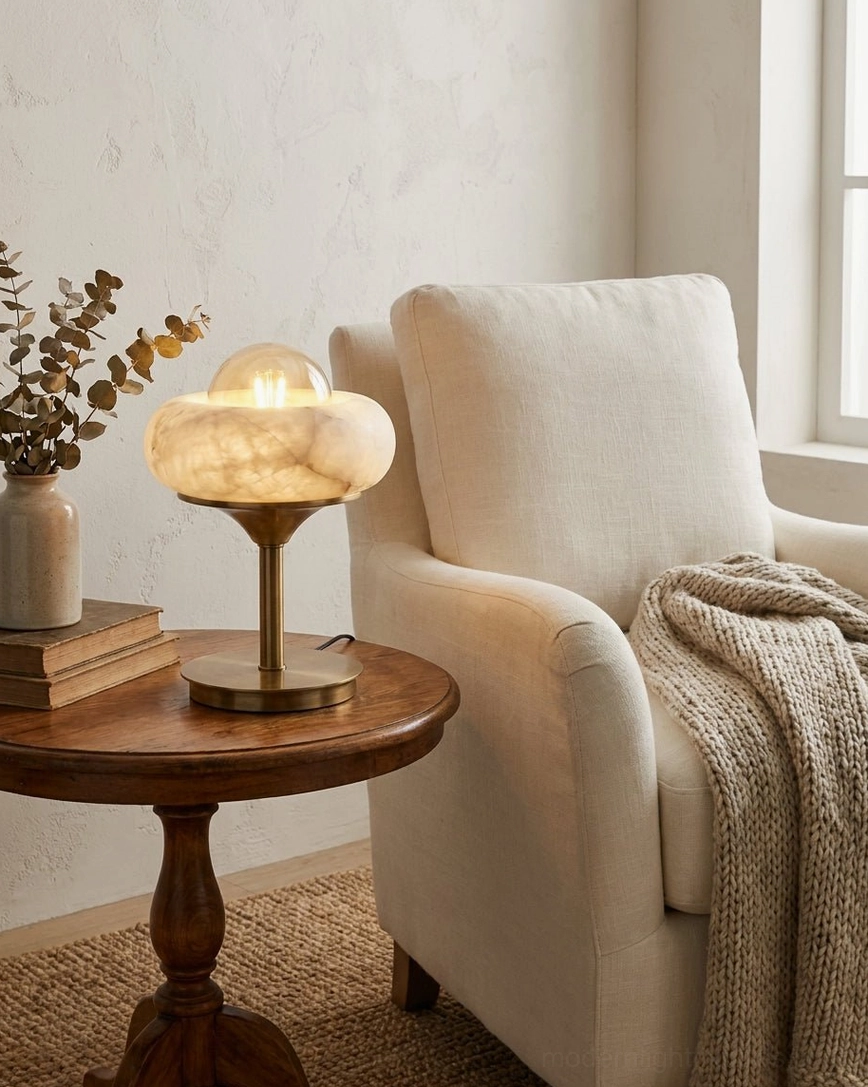 Retrovia alabaster table lamp on living room side table, warm ambient lighting creating soft glow in neutral modern interior with warm wood furnishings