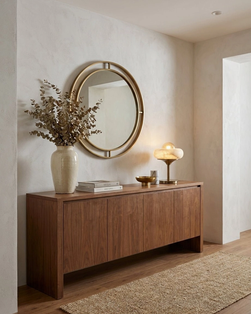 Retrovia alabaster table lamp in modern minimalist living room beside contemporary sofa, warm brass and stone accents matching neutral warm decor
