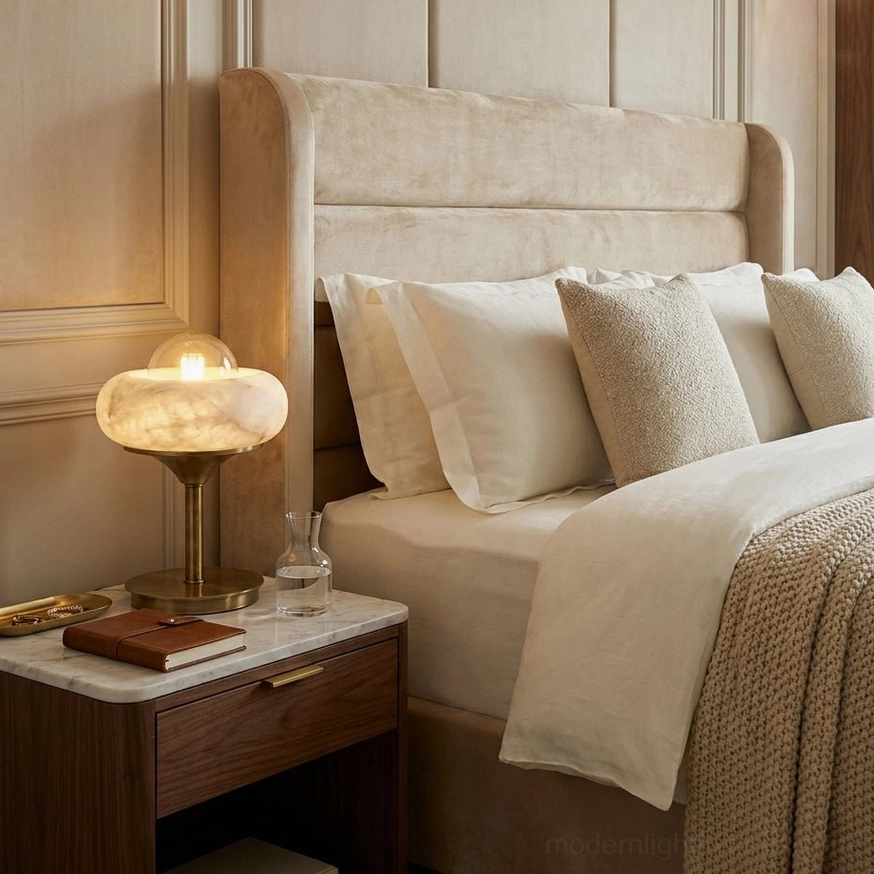 Retrovia alabaster table lamp on bedroom nightstand, providing warm accent lighting beside tufted upholstered headboard, elegant bedside lighting solution