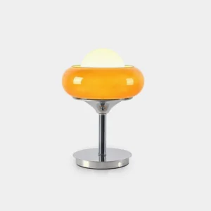 Retrovia mid-century modern table lamp with amber glass dome and chrome base, retro UFO design front view