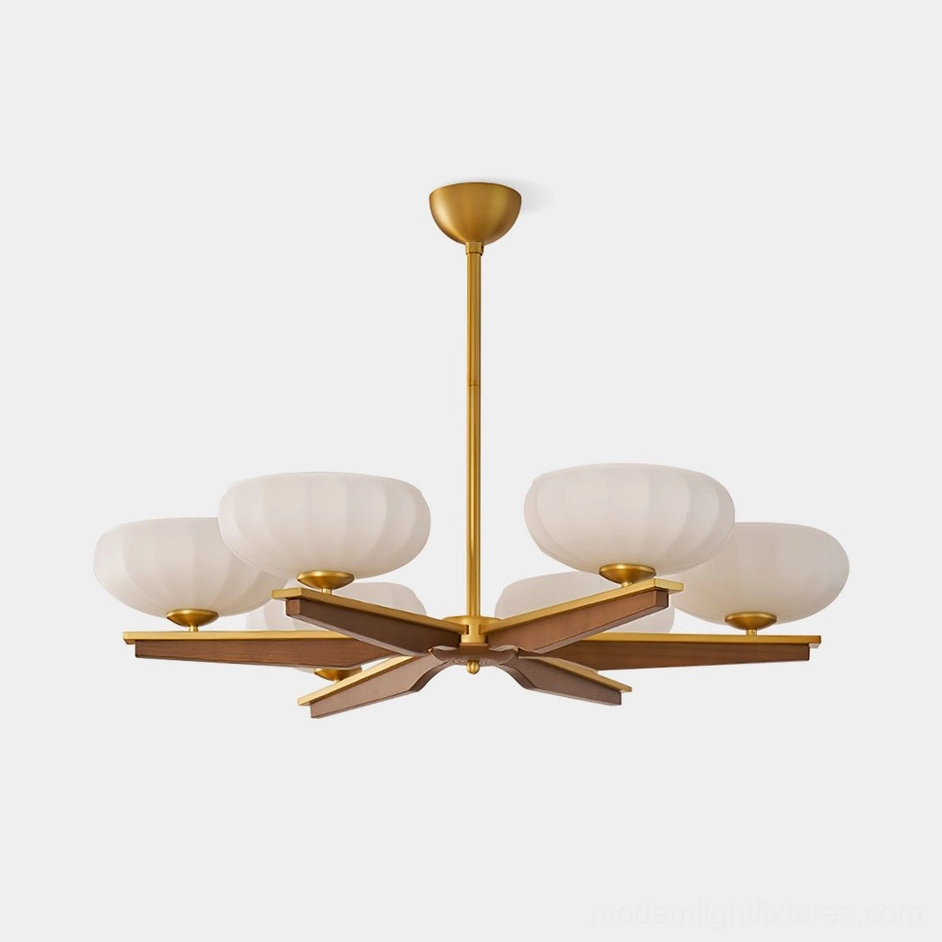 Reya 6-arm mid-century modern wood pendant chandelier with walnut arms and polished brass hardware in studio lighting, front view