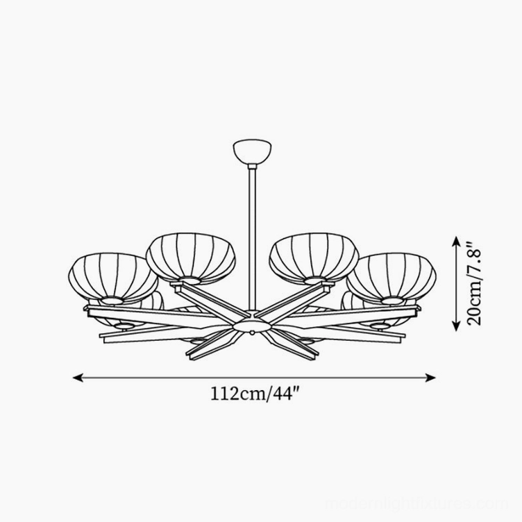 Reya wood chandelier technical drawing specifications, 112cm diameter 8-head configuration