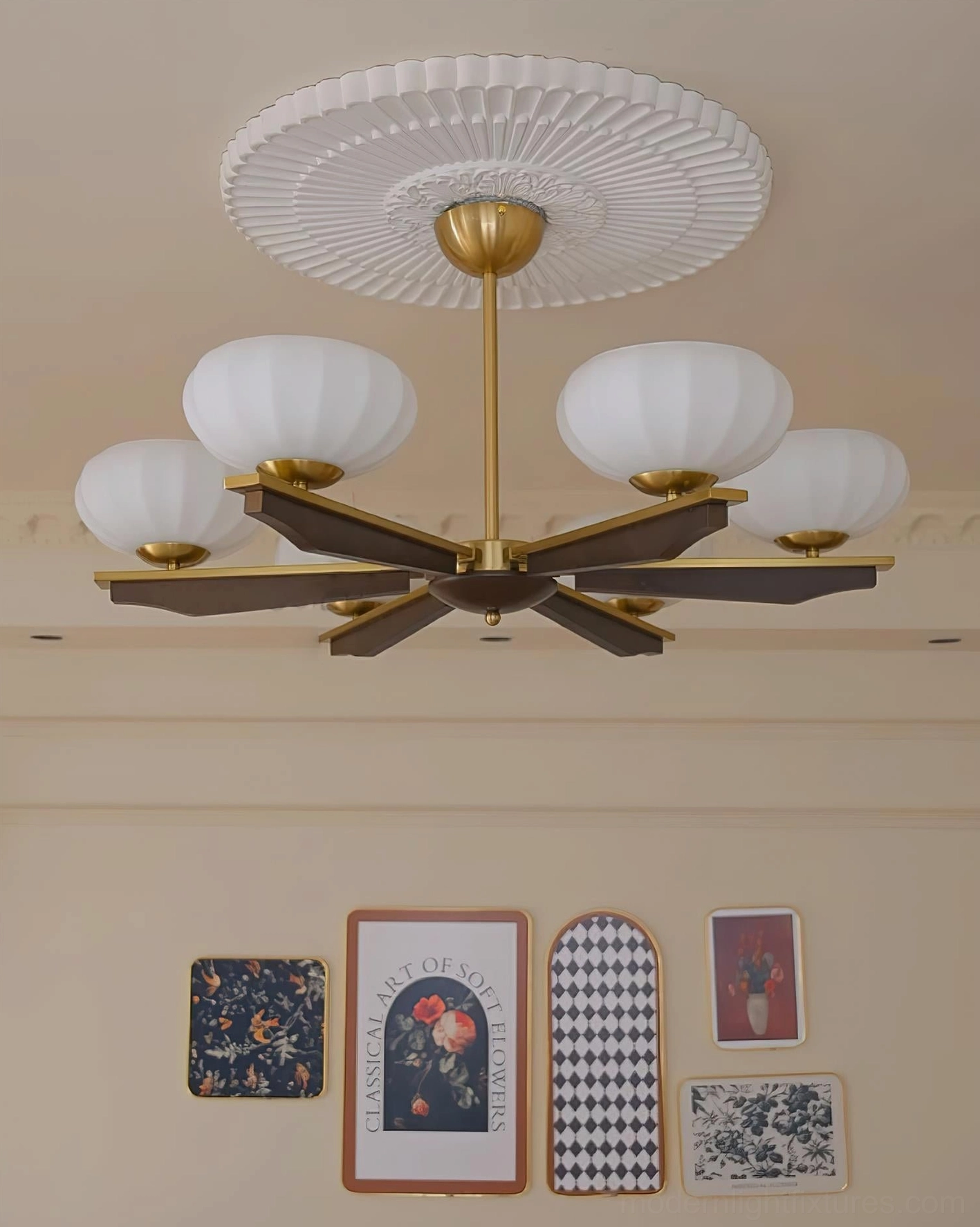 Reya modern wood chandelier detail view showing ribbed milk glass shade and wood arm joinery with metal hardware