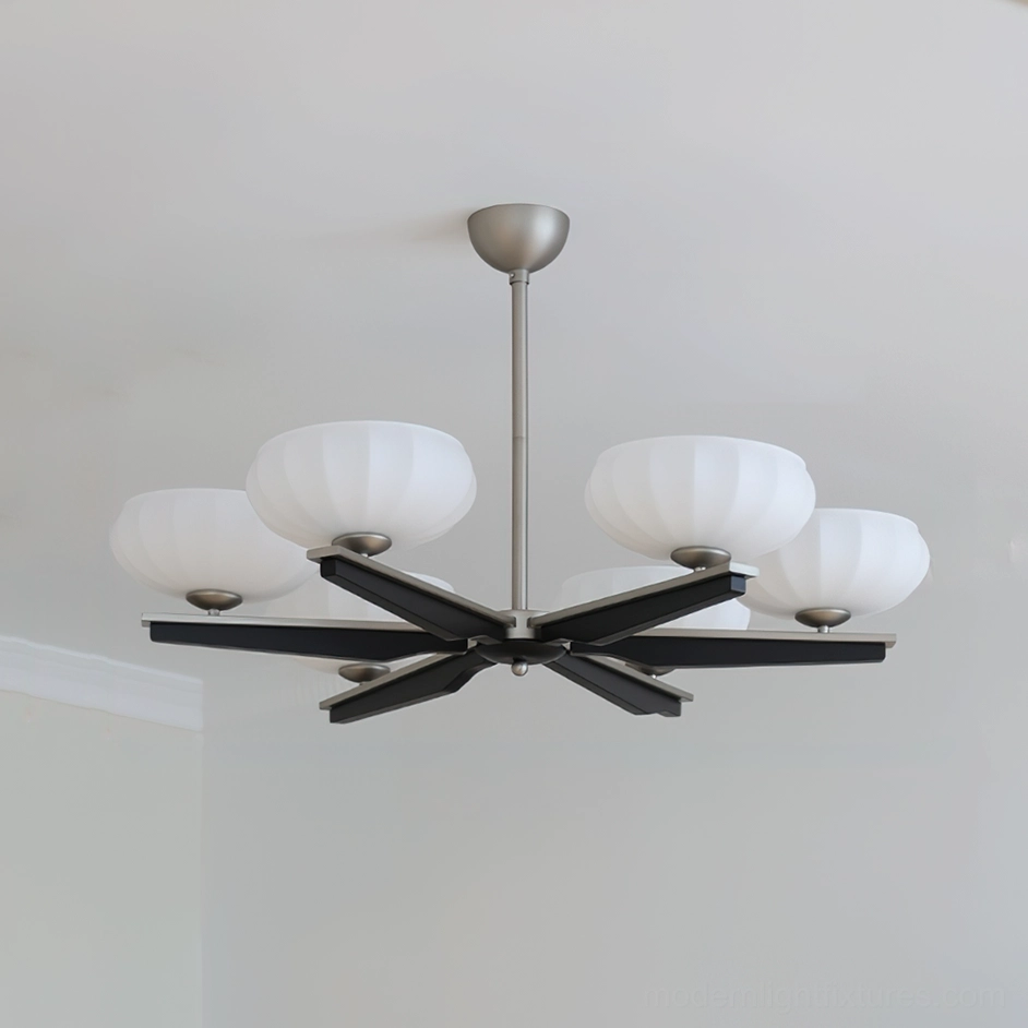 Reya 6-light modern wood chandelier with brushed nickel hardware in minimalist interior, contemporary lighting design