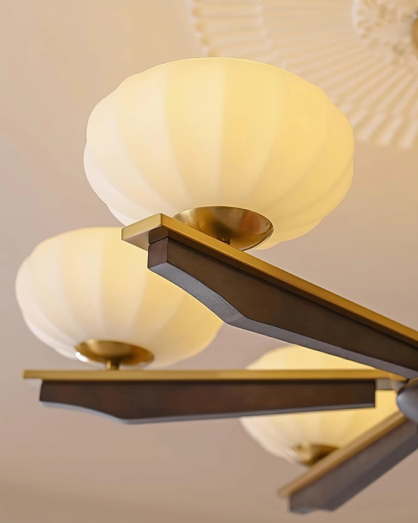 Reya wood chandelier in contemporary interior with minimalist decor, modern lighting design and architecture