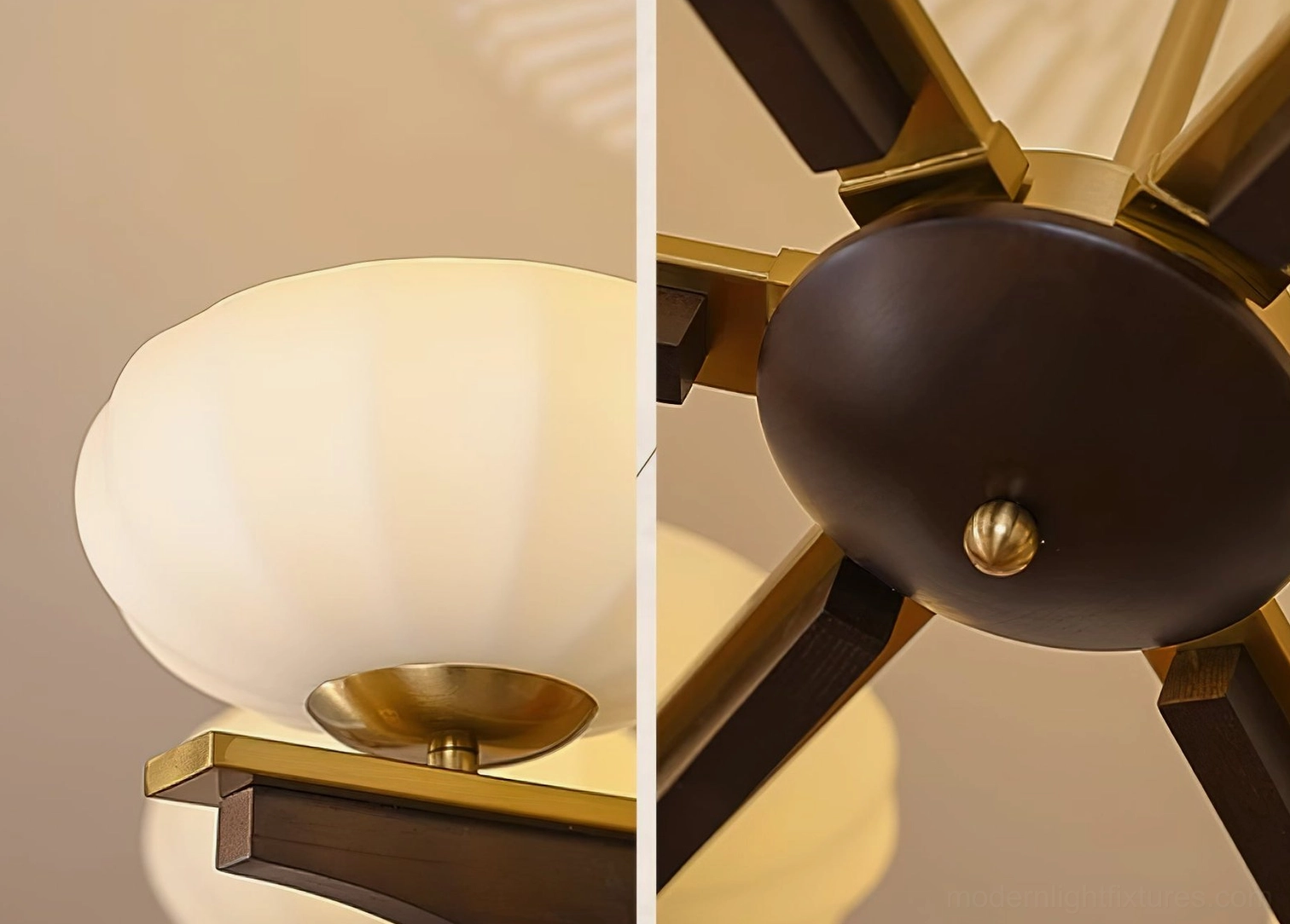 Reya mid-century modern wood pendant chandelier showing multiple finish options, walnut and brass combination