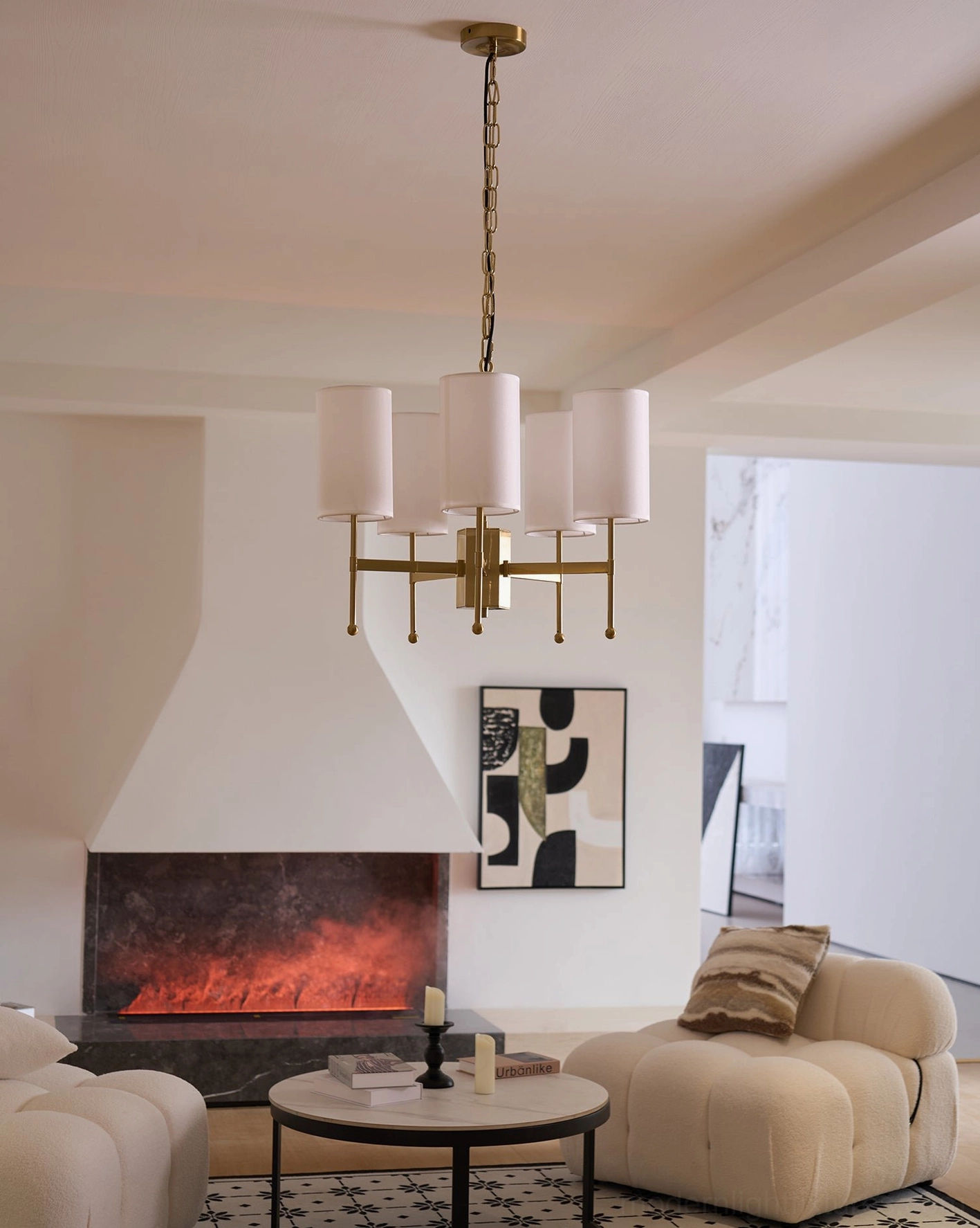 Architectural view of Rhodes atomic-style chandelier as focal point in modern interior space