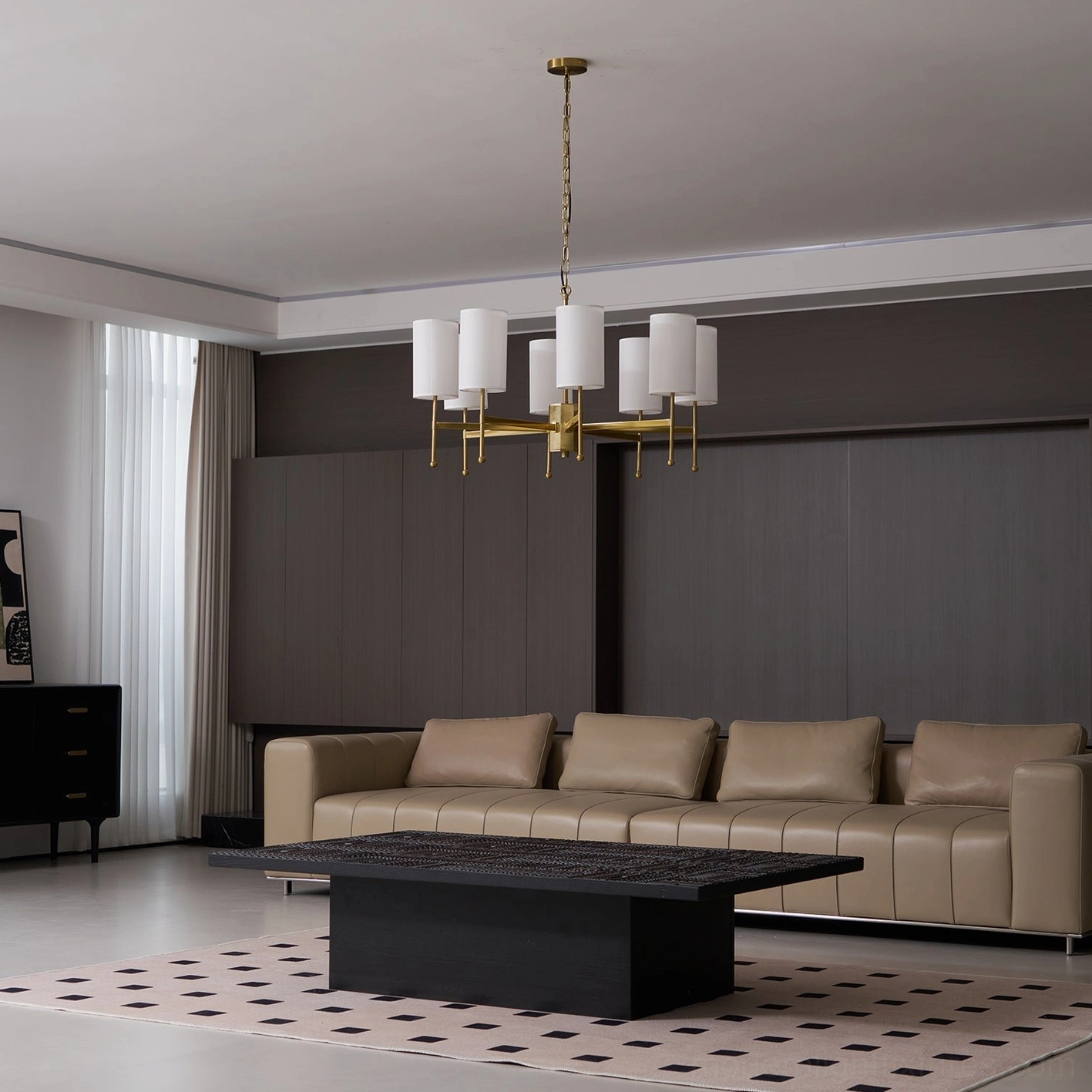 Mid-century modern Rhodes chandelier in open-plan living space - wide angle interior view