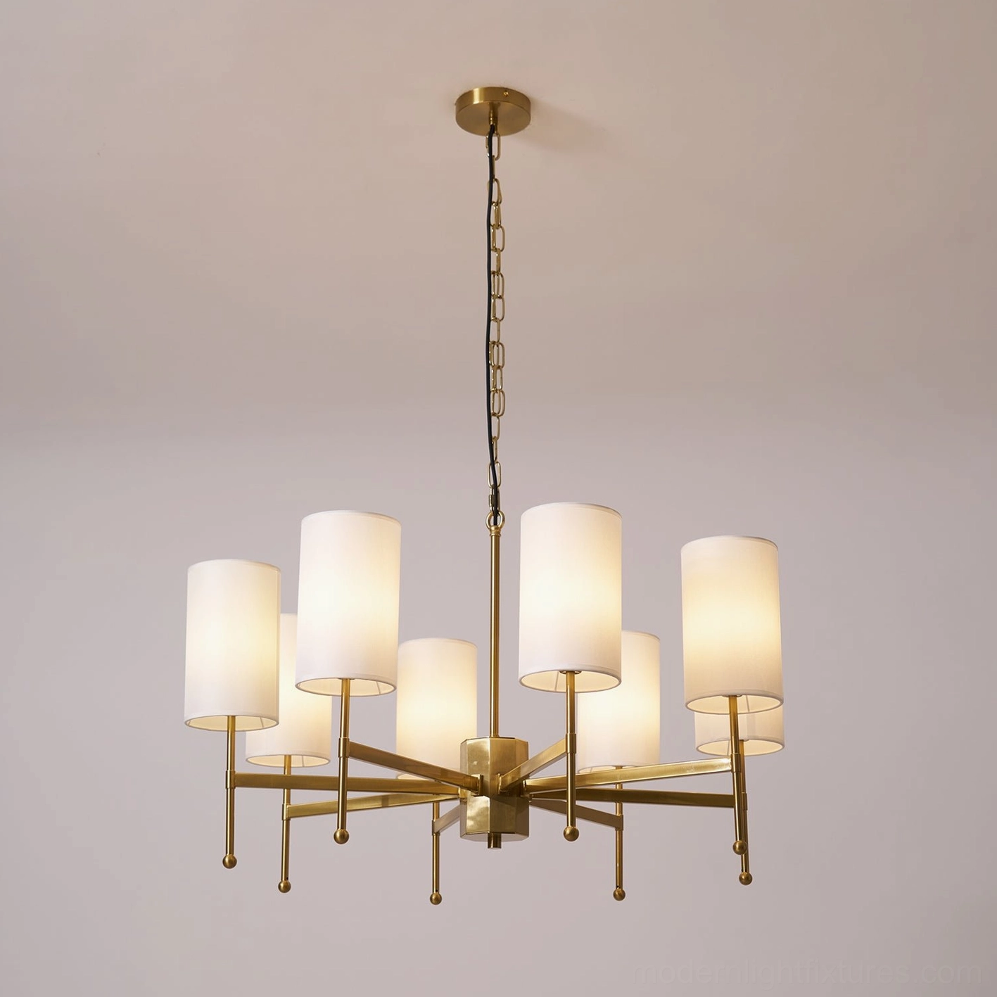 Rhodes atomic-style chandelier showing radial arm structure and balanced light distribution design