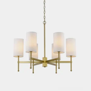 Rhodes mid-century modern chandelier with 6 brass arms and white cylindrical fabric shades on white background - front studio view