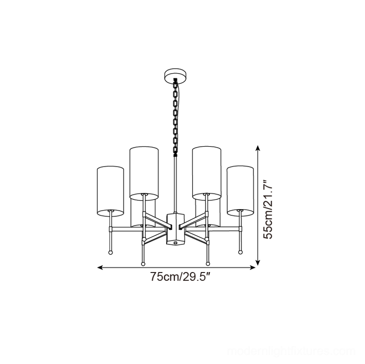 Technical dimension drawing of 6-head Rhodes chandelier - 75cm diameter x 55cm height specifications