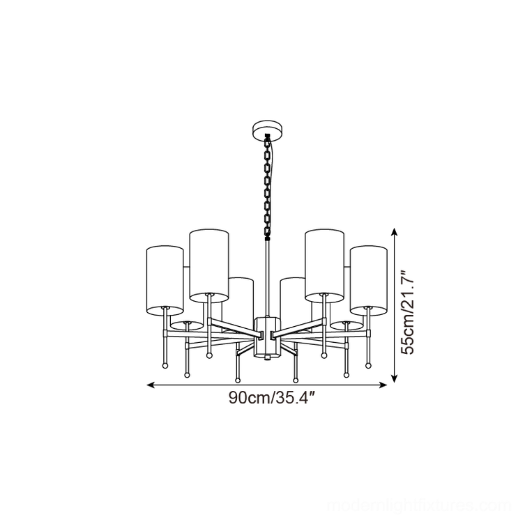 Technical dimension drawing of 8-head Rhodes chandelier - 90cm diameter x 55cm height specifications