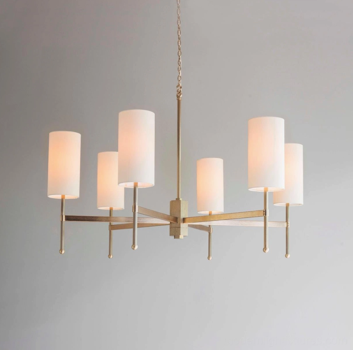 Rhodes mid-century modern chandelier - complete product overview showing brass and white design