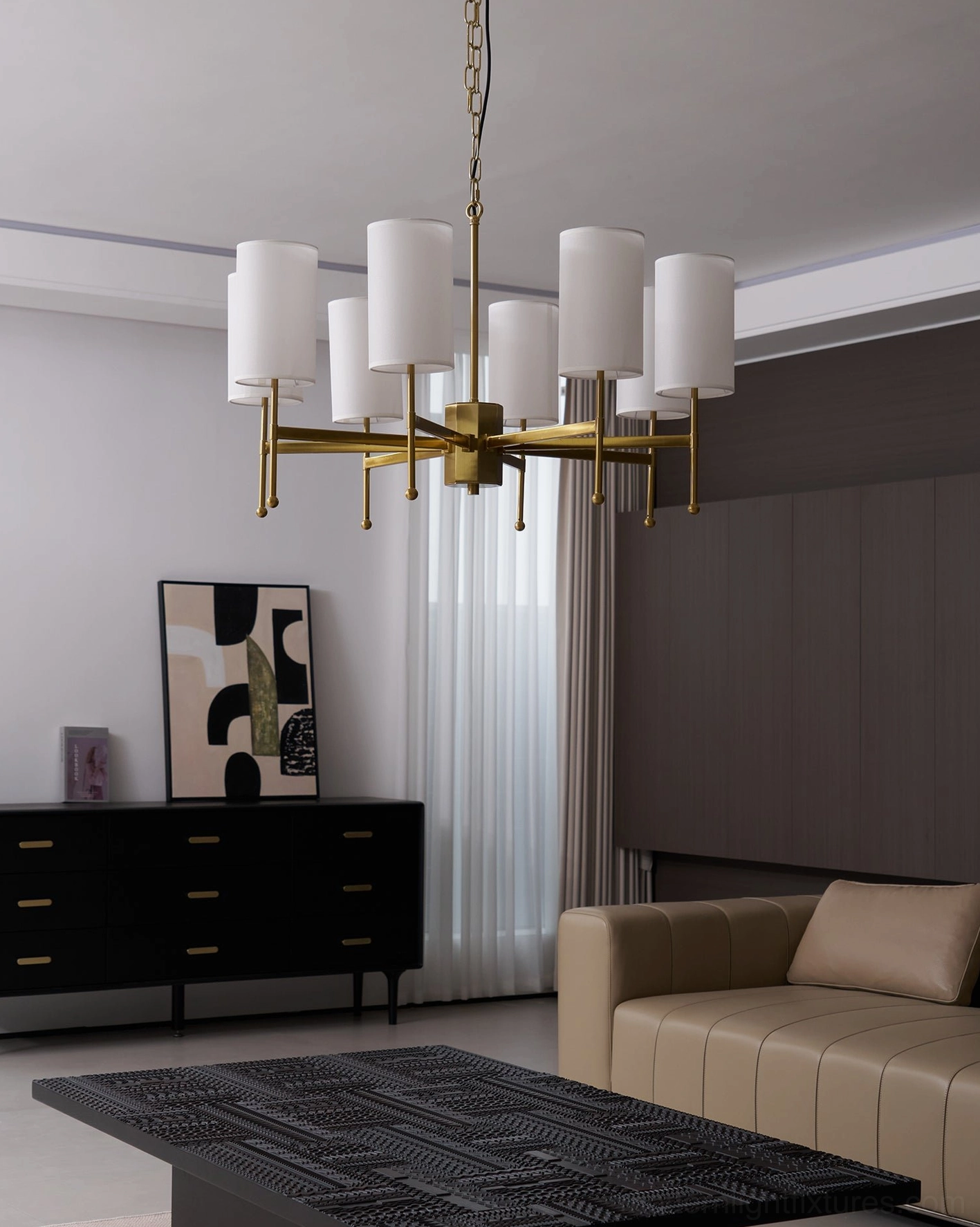 Full view of Rhodes mid-century modern sputnik chandelier - multiple illuminated white shades with warm brass framework
