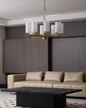Mid-century modern Rhodes chandelier installed in luxury living room with warm ambient lighting - upward angle view