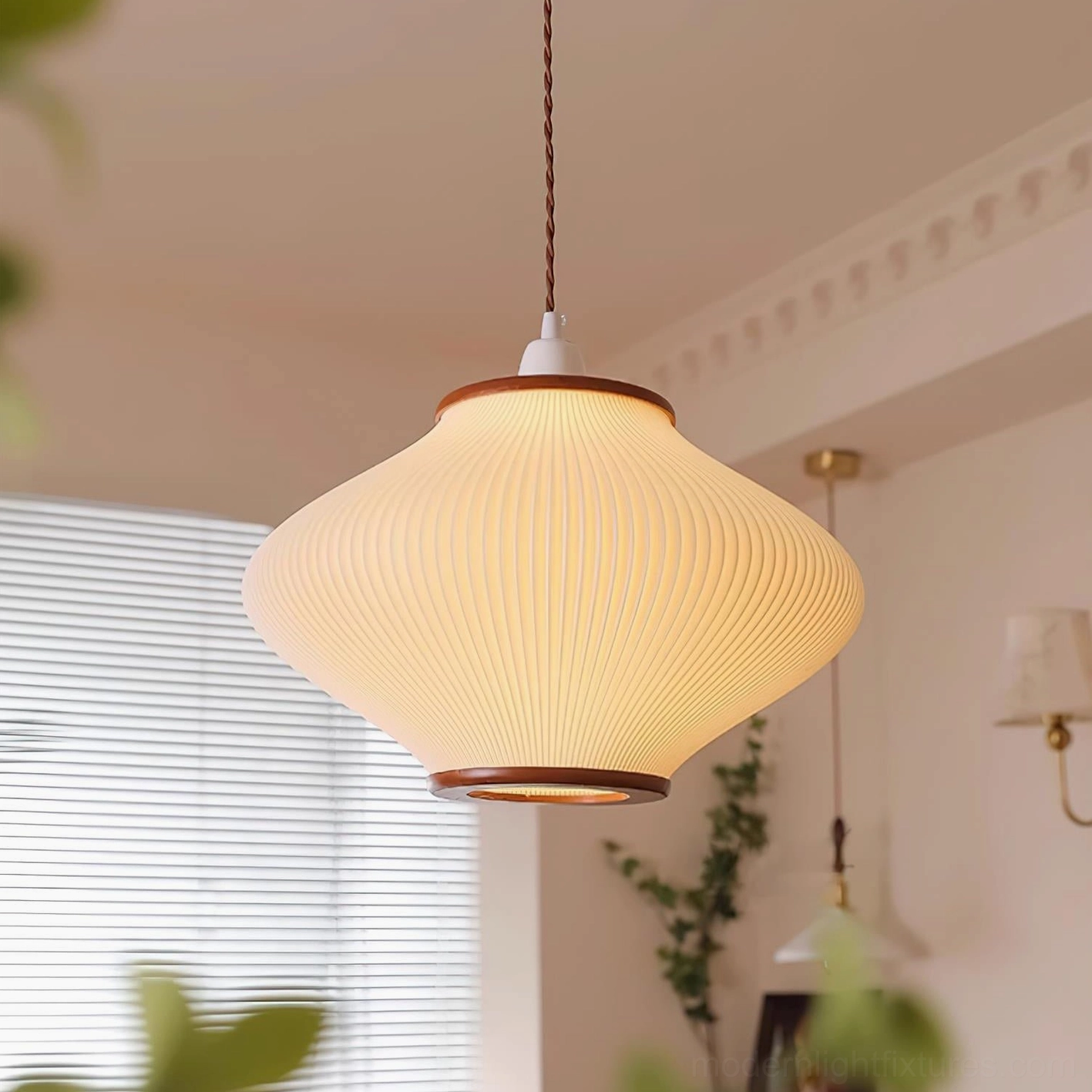 White and walnut minimalist pendant lamp in residential interior with window blinds, three-quarter perspective view