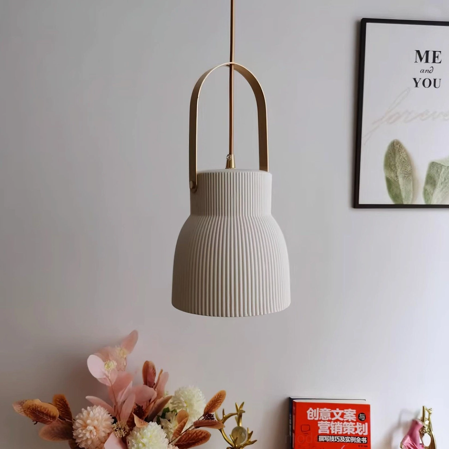 Large ribbed ceramic pendant lamp creating ambient atmosphere in modern living room
