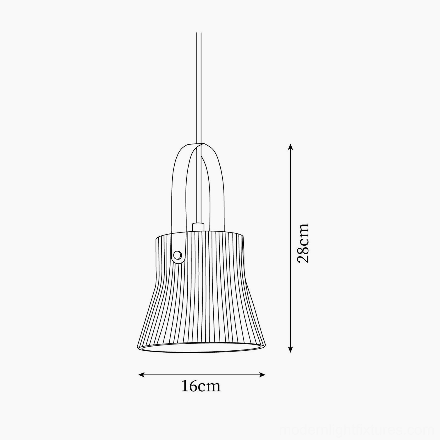 Technical line drawing specification of Model A ribbed ceramic pendant lamp 28cm height 16cm diameter