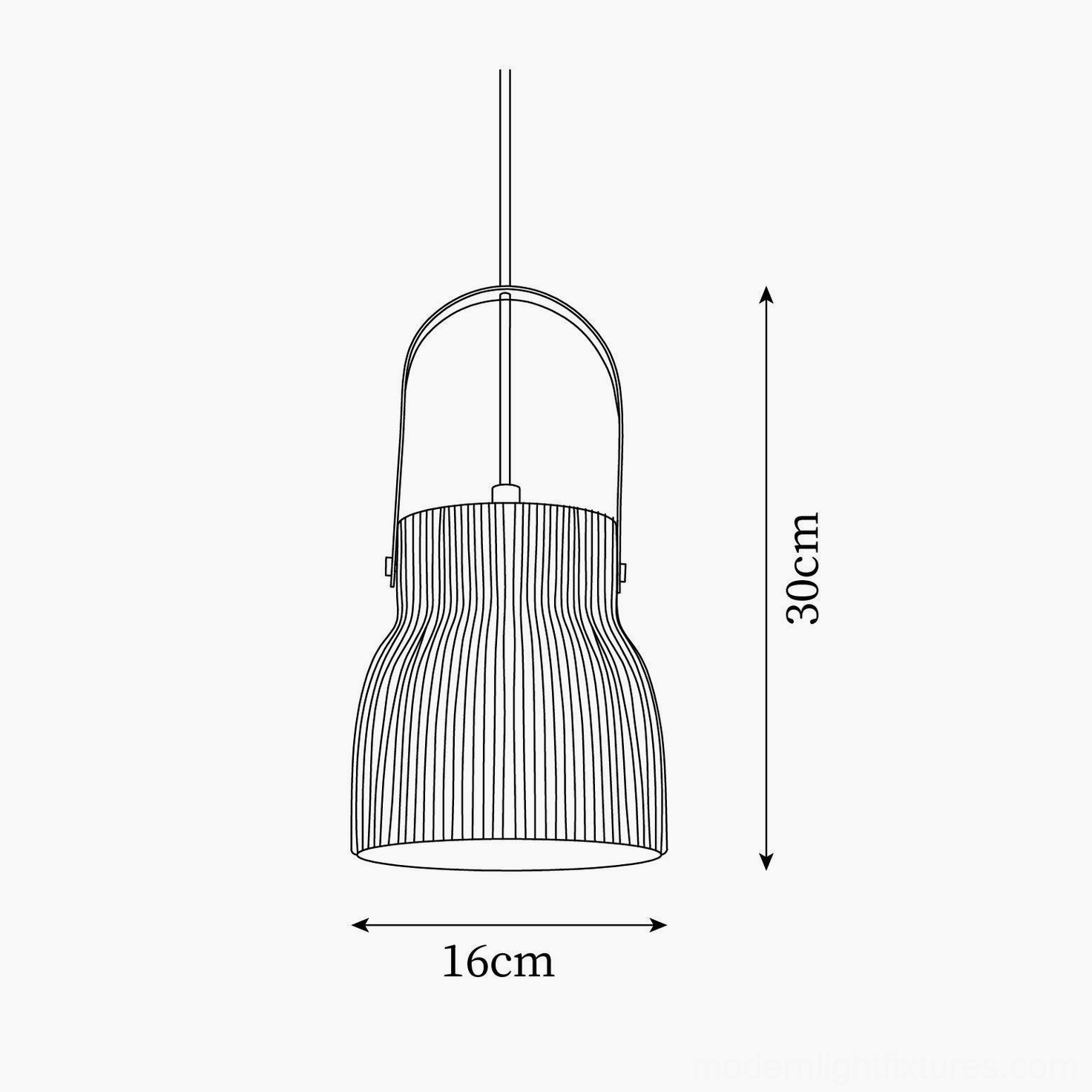 Technical line drawing specification of Model B ribbed ceramic pendant lamp 30cm height 16cm diameter