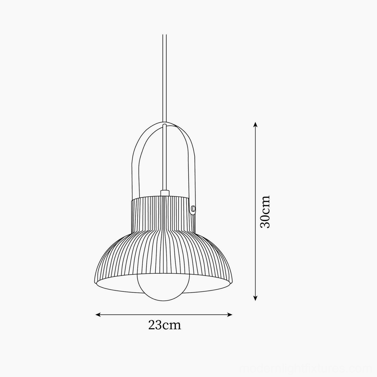 Technical line drawing specification of Model C ribbed ceramic pendant lamp 30cm height 23cm diameter