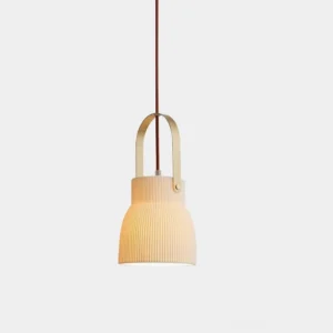 Modern ribbed ceramic pendant lamp with brass hardware, frontal studio view showing detailed texture