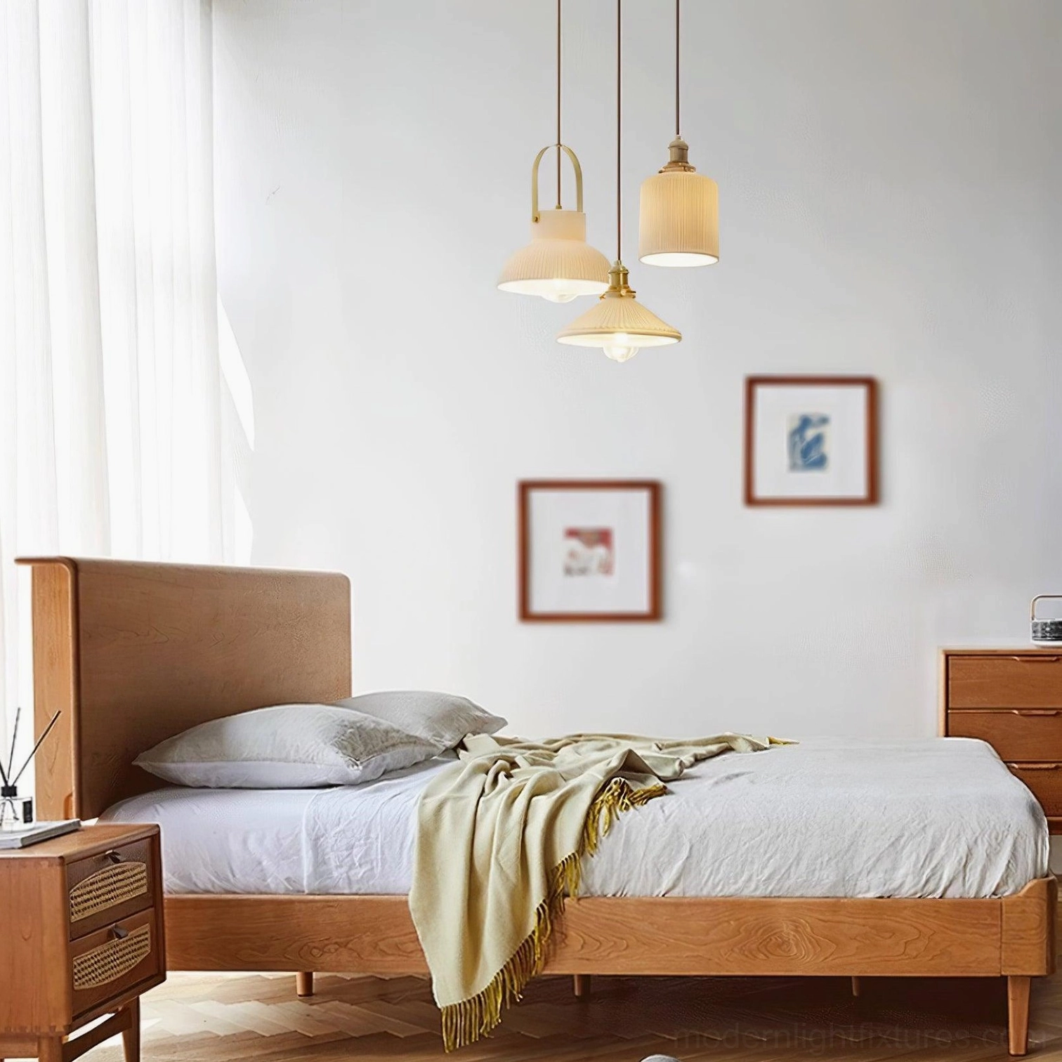 Ribbed ceramic pendant light showing warm white finish and textured surface detail