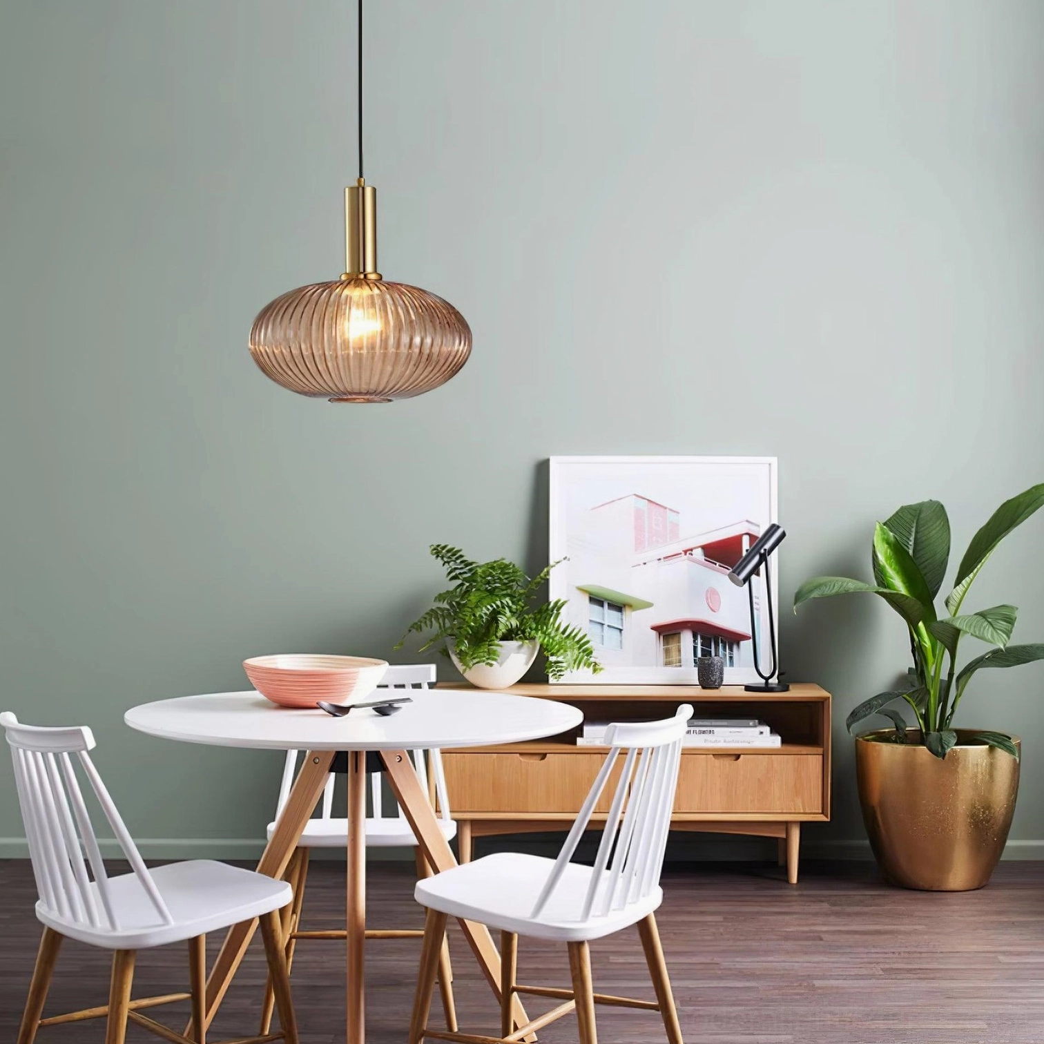 Ribbed glass pendant lamp light diffusion detail showing how vertical grooves scatter and soften illumination