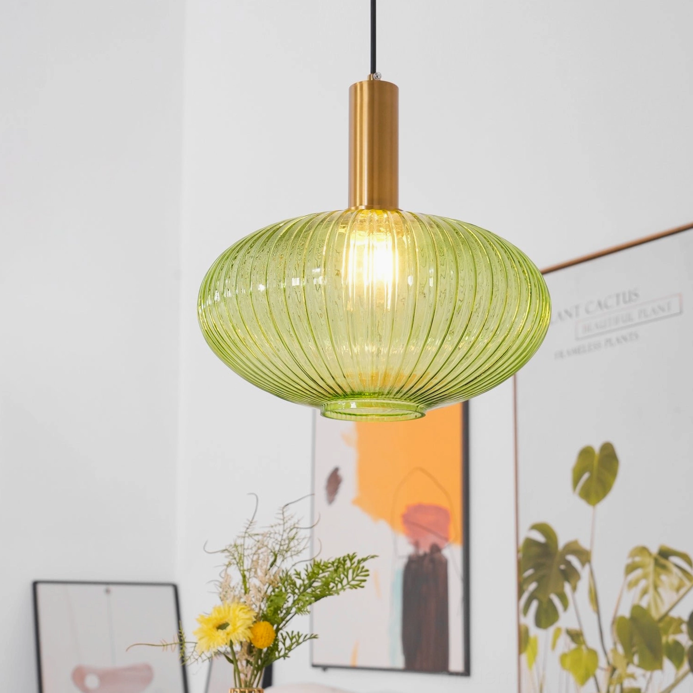 Ribbed glass pendant lamp color options comparison showing green cognac and smoke gray finishes together