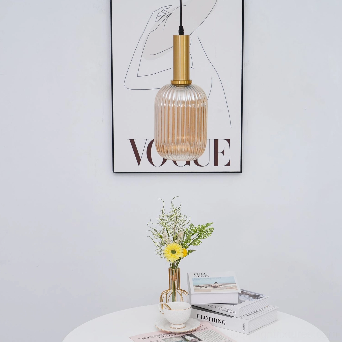 Ribbed glass pendant fixture showing complete assembly brass canopy cord and glass shade components