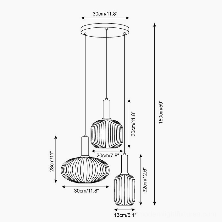 Technical schematic showing four ribbed glass pendant fixtures with mounting hardware and ceiling canopy assembly