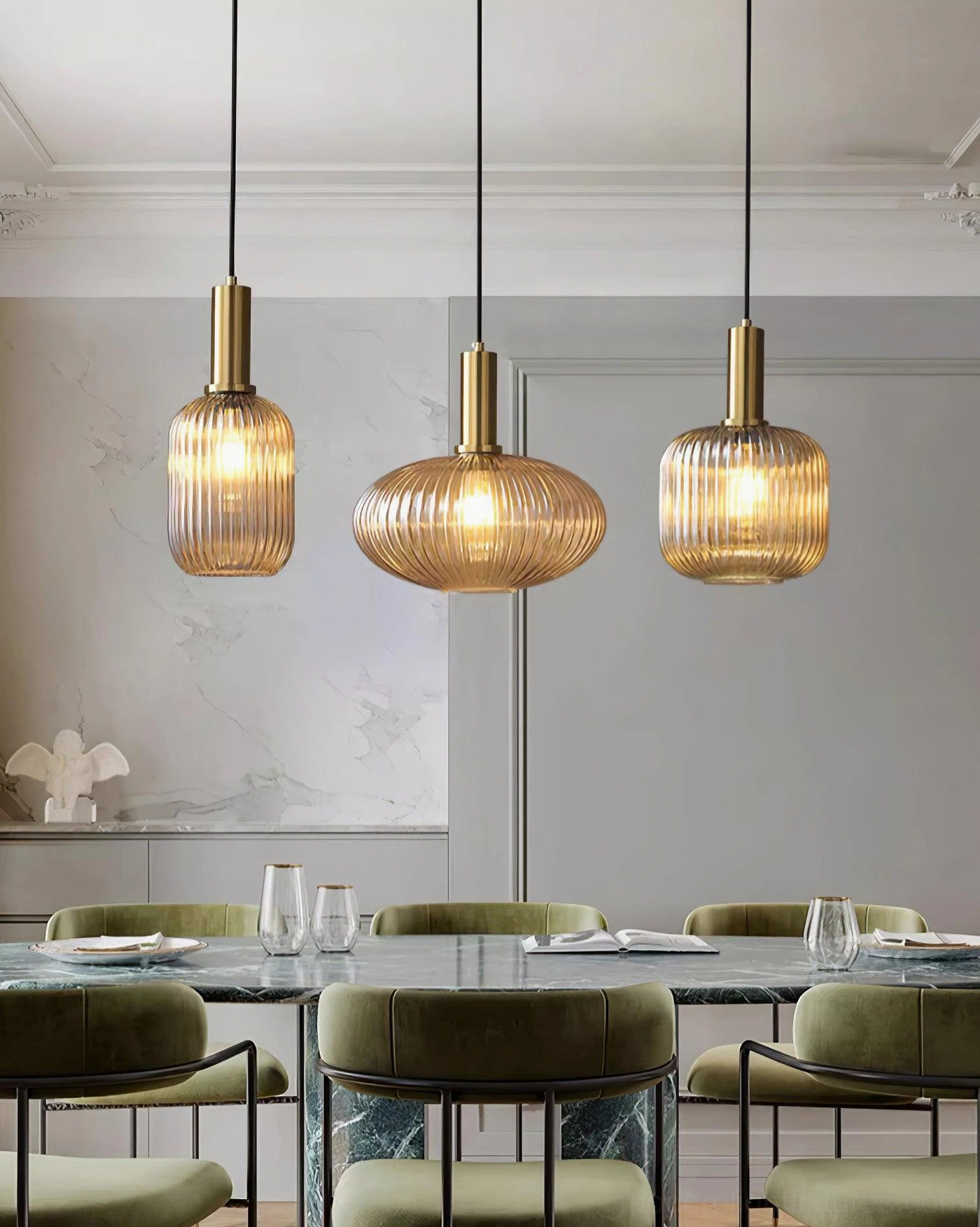 Ribbed glass pendant at full brightness showing task lighting brightness and even light distribution capability
