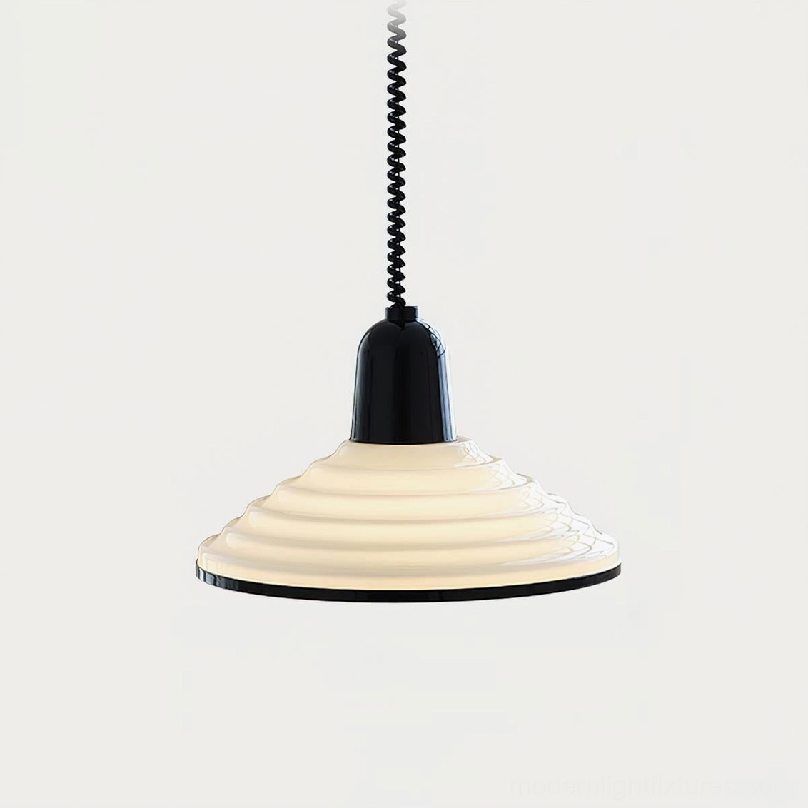 Close-up detail of ribbed pendant light showing metal shade construction and hanging mechanism