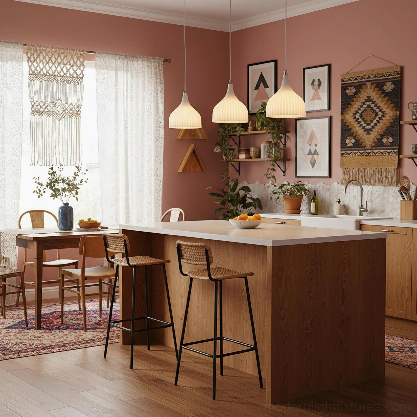 Multiple Flare pendant lights in retro kitchen with pink walls, wooden cabinetry, and bohemian gallery wall decor