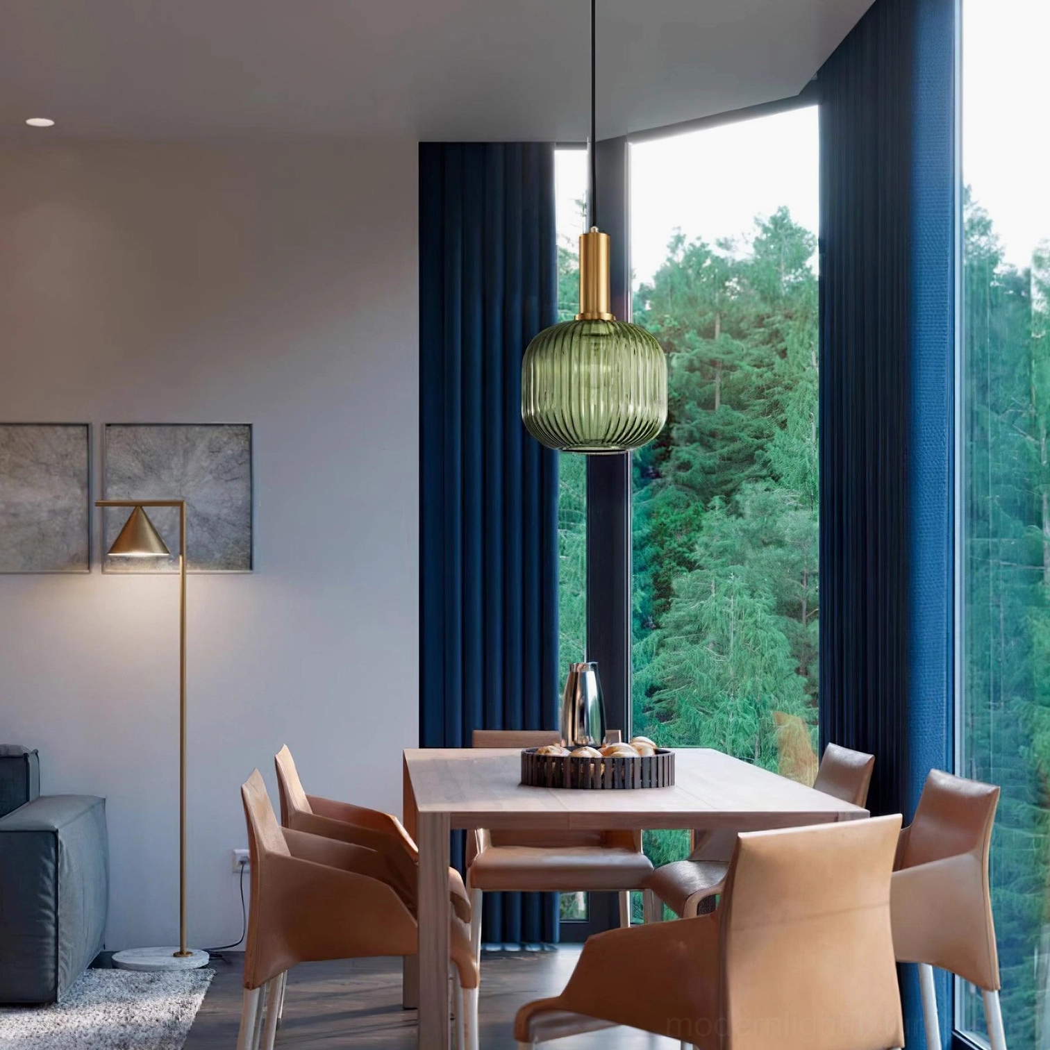 Multiple ribbed glass pendant lamps at different heights showing scaled pairing design approach for open rooms