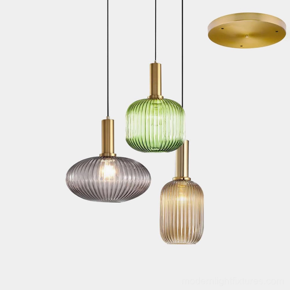 Three-head ribbed glass pendant fixture with round canopy diameter 30cm circular multi-pendant mounting