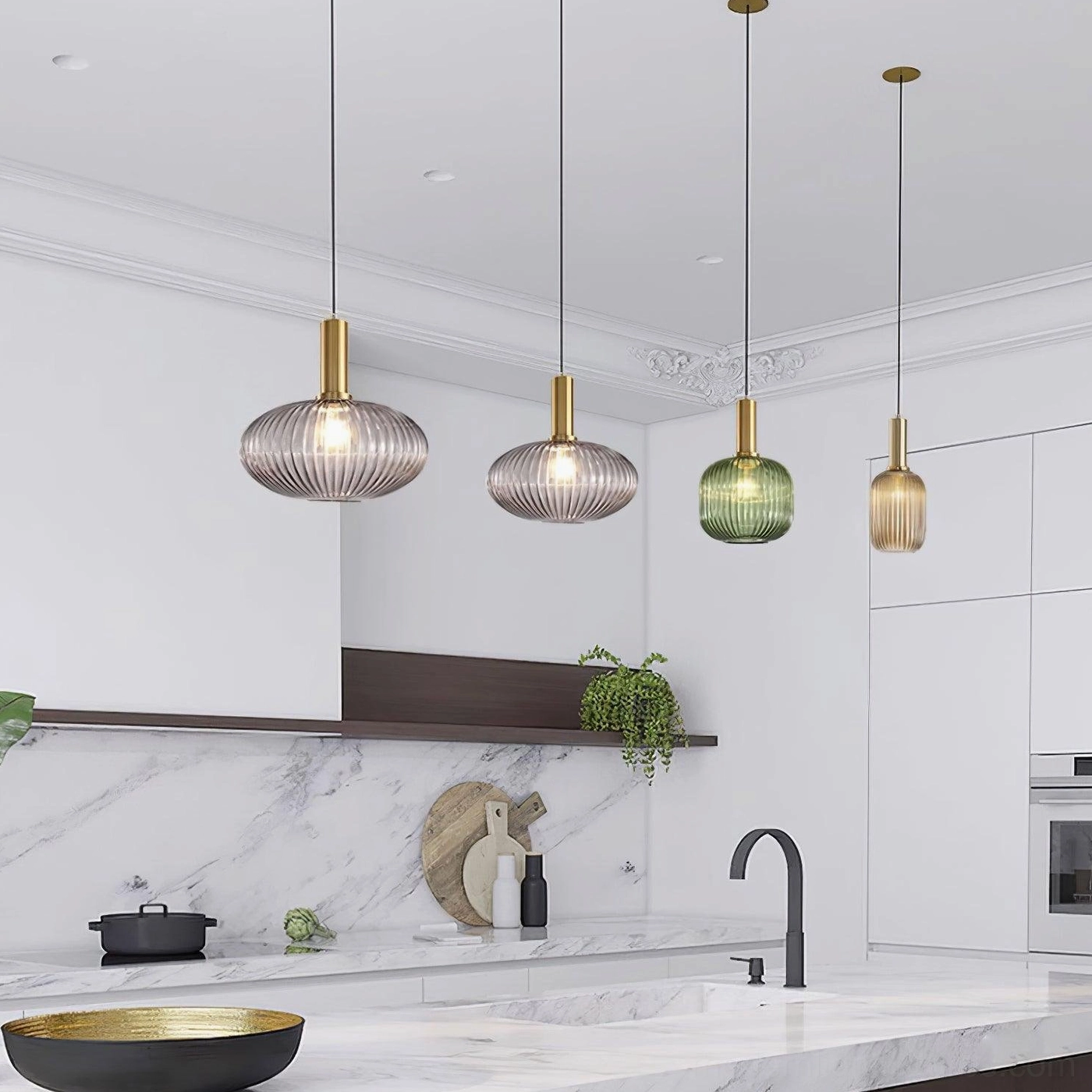 Ribbed glass pendant lamp trio in mixed colors installed in contemporary home interior showing design coordination